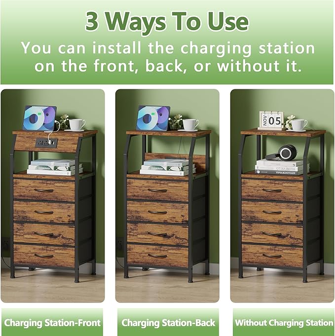 Furnulem Night Stand with Charging Station, 4 Drawers Tall Bedside Table | Small Rustic Brown Dresser, 33.3 Inch Tall Dorm Nightstand, Fabric Drawers, Storage Tower for Closet, Bedroom, 3 Ways to Use