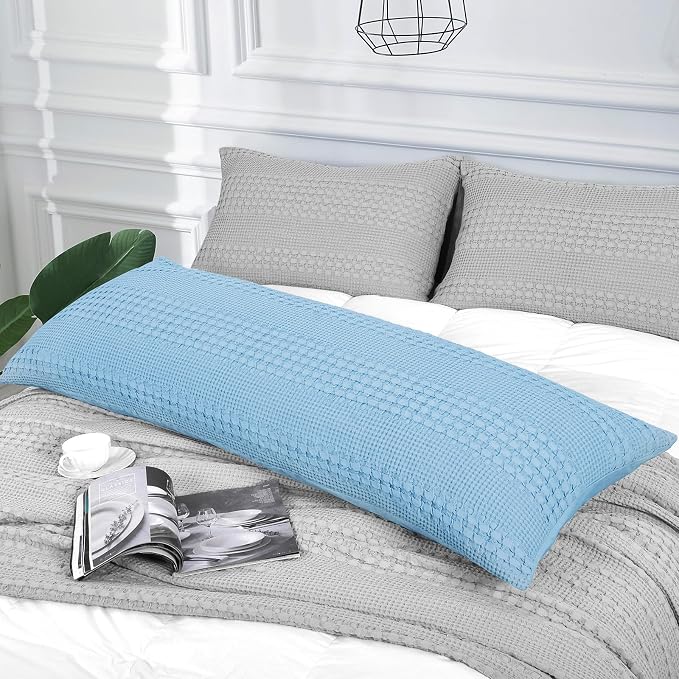 PHF Waffle Weave Body Pillowcase with Zipper, 1 Pack 100% Cotton 20" x 54" Pillow Sham, No Insert, Soft & Breathable Pillow Case, Aesthetic Woven Body Pillow Cover for Bedroom Decor, Sky Blue