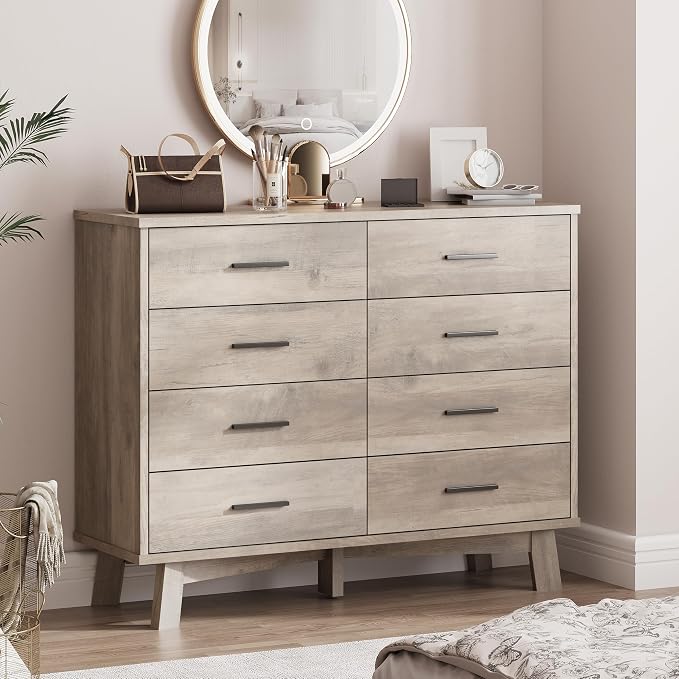 Xixini Dresser for Bedroom, 8 Drawer Wide Modern Chest of Drawers with X-Shaped Sturdy Base, Wood Double Dresser Closet Clothes Storage Organizer, Wooden TV Stand for Living Room, Hallway, Grey