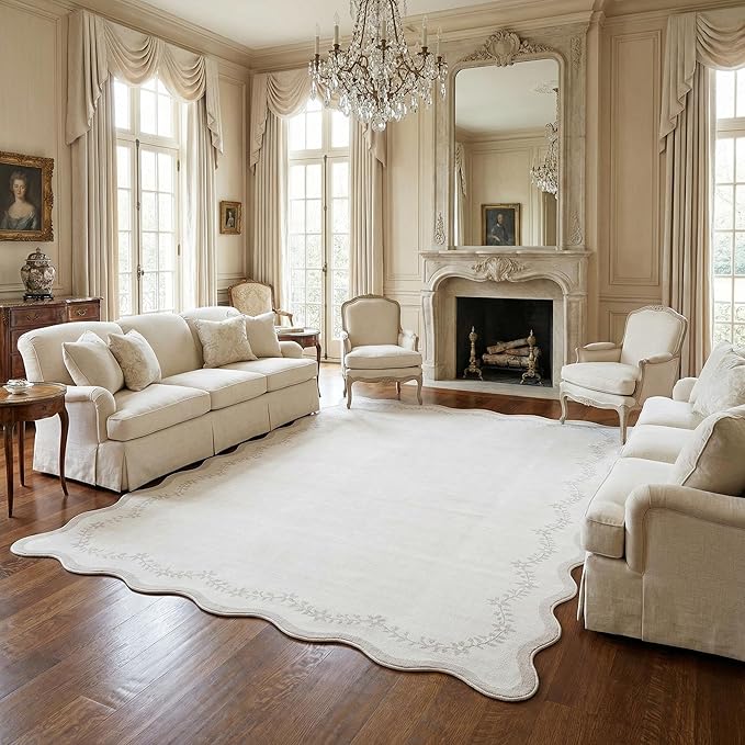 GarveeHome 5x7 Scalloped Area Rug Beige Washable Bedroom Living Room Rug | Soft Floral Low Pile Non Slip Accent Floor Mat Solid Print Throw Rug Indoor Carpet for Dining Room Dorm Playroom