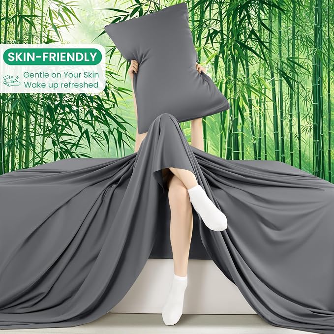 SONORO KATE 100% Viscose Derived from Bamboo_Sheets Queen Size,4PC | Cooling Bed Sheets for Hot Sleepers,Soft Breathable & Silky,16" Deep Pocket,Luxury Hotel Bedding,Dark Grey