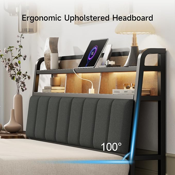 Queen Headboard Only with Storage, Charging Station, Black&Brown | Upholstered Headboards for Queen Size Bed with LED Light, Height Adjustable, Sturdy and Stable Headboard