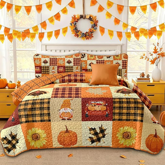 Fall Patchwork Quilt Set Queen Size 3 Piece Thanksgiving Bedding Set Orange | Sunflower Maple Leaves Pumpkin Pattern Bedspread Coverlet, Soft Microfiber Cozy Farmhouse Autumn Bedding Decor (96"x90")