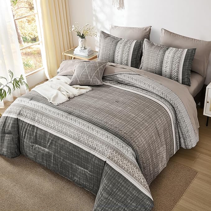 Dintszyayue Taupe King Comforter Size Set, 8 Pieces Striped Texture Bed in a Bag Bedding Sets, Lightweight Soft Comforter and Sheet Set, All Season Microfiber Teen Boys Bedding Sets for Men Women