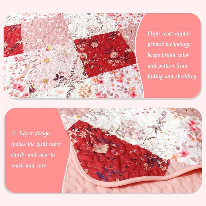 Whale Flotilla Patchwork Quilts Queen Size, Extra Soft Floral Bedspreads | Red Reversible Lightweight Full Queen Quilt Bedding Set for Bed, Printed Coverlets with 2 Pillow Shams for All Seasons