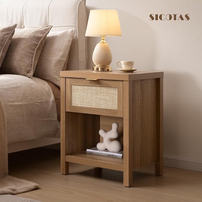 SICOTAS Night Stand Set 2 Rattan Nightstands with Drawer | Boho Bedside Table with Storage Shelf Farmhouse End Side Table for Bedroom, Oak