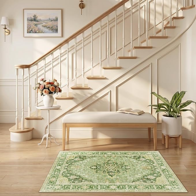 RELEANY Washable Area Rug, Small 2'6"x4', Green/Yellow | Non-Slip, Water Repellent, Pet Friendly, Easy to Clean, Vintage Floral Boho Decor for Kitchen Entryway Bathroom