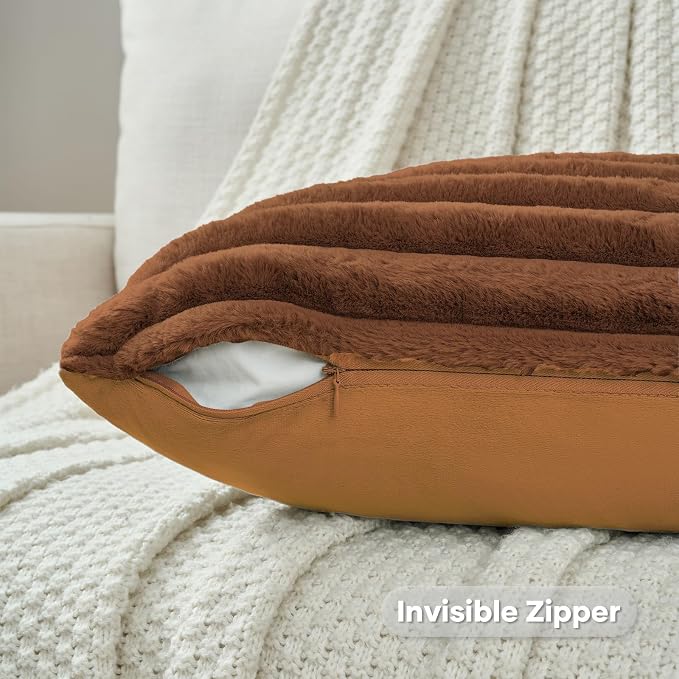 FUTEI Pack of 2 Faux Fur Throw Pillow Covers 18x18 Inch, Rust | Fluffy Faux Rabbit Fur Front/Premium Velvet Back,Hidden Zipper,Machine Washable,Non-Shedding,Colorfast,Insert Not Included.