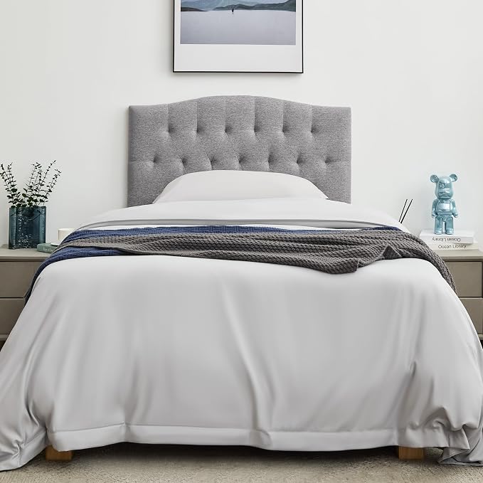 Tufted Upholstered Twin Headboard Only, Adjustable Heige 38-50 in, Gray | Twin Size Headboard for Dorm Bed, Durable Linen Fabric Headboards, Twin XL Headboard with Modern Diamon Design Wood