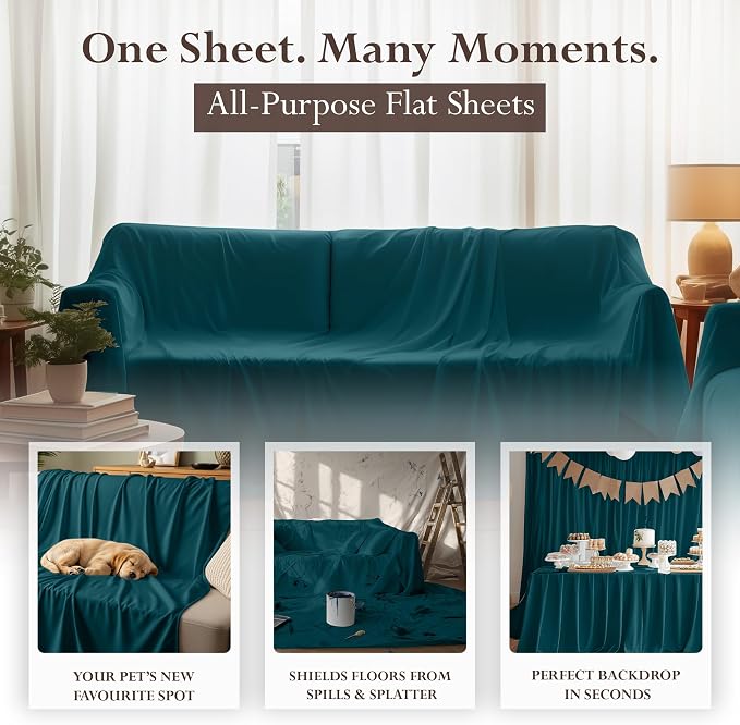 Queen Size Flat Sheet Only, Ultra Soft & Breathable Hotel Sheets, Teal | Hotel Bedding, Cooling Comfort, Smooth Feel, Wrinkle & Fade Resistant, Easy Care, Long-Lasting, Machine Washable, OEKO-TEX