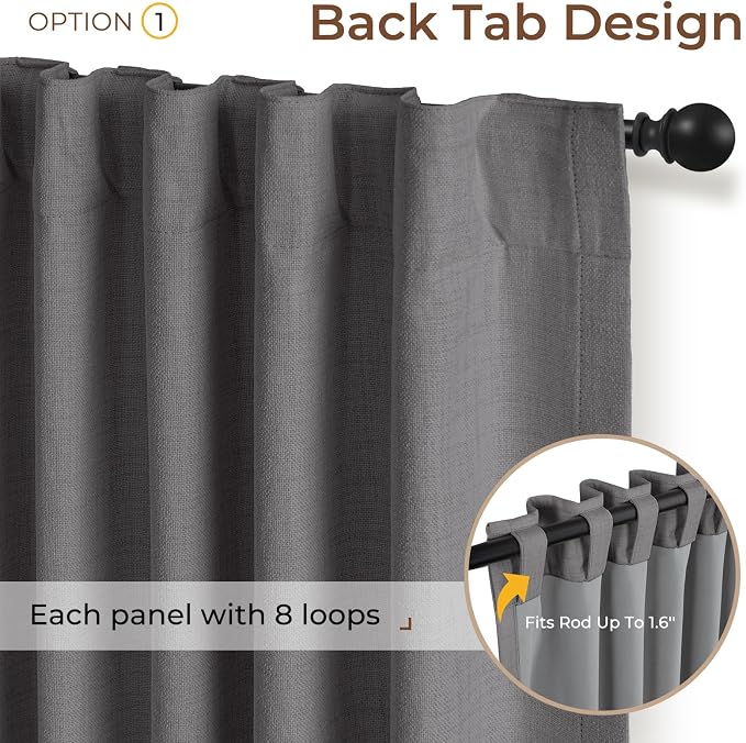 INOVADAY 100% Blackout Linen Curtains for Bedroom 50x90 Inches Dark Grey | Linen Textured, Light Blocking, Room Darkening, Thermal Insulated, Back Tab Top, Window Curtains for Living Room, 2 Panels