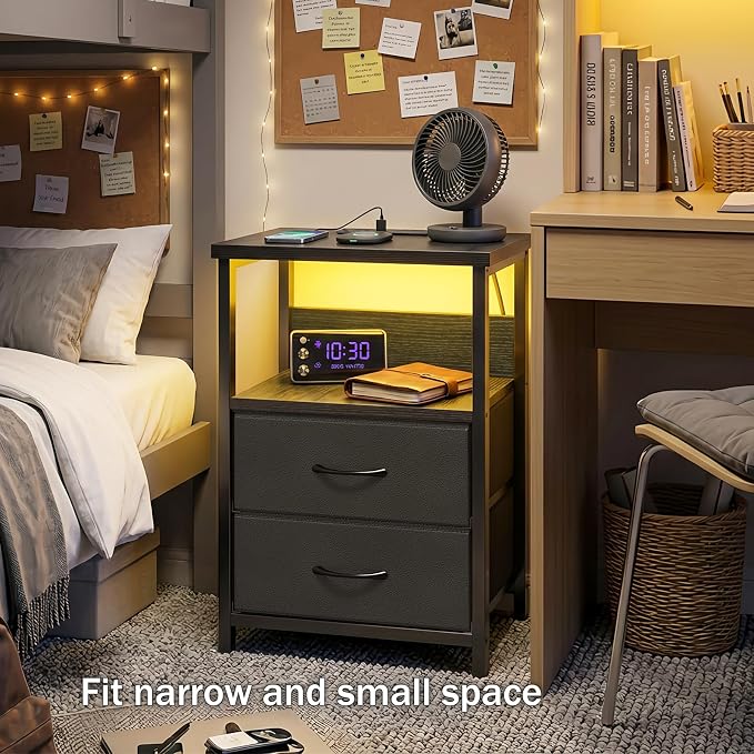Fixwal Night Stand with Charging Station, Black Led Nightstand, 2 Drawers | fabric drawer, built-in bedside charger, 2 AC outlets & 2 USB ports, open top shelf, small bedroom furniture, end table