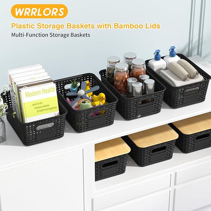 6 Pack Plastic Storage Baskets, Black bamboo lid storage Box | Labels, Stackable, For Organizing Shelves Pantry Drawers Desktop Closets Organizing Desktop Closet Playroom Classroom