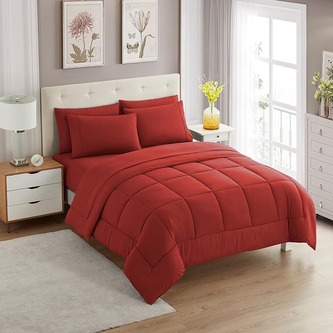 Sweet Home Collection 7 Piece Comforter Set Bag Solid Color All Season Soft Down Alternative Blanket & Luxurious Microfiber Bed Sheets, Red, Queen