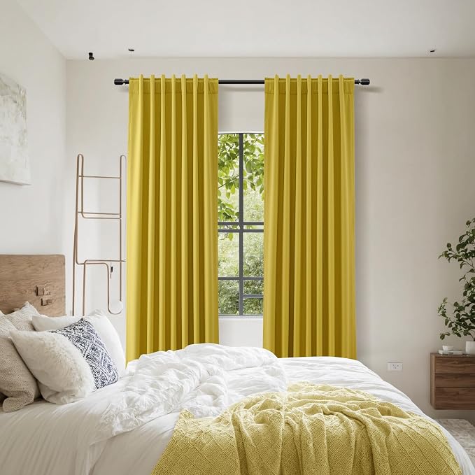 100% Blackout Curtains 96 Inch Length 2 Panels Set for Living Room Bedroom Back Tab Thermal Insulated Black Out Linen Drapes Room Darkening Celery Yellow,52x96
