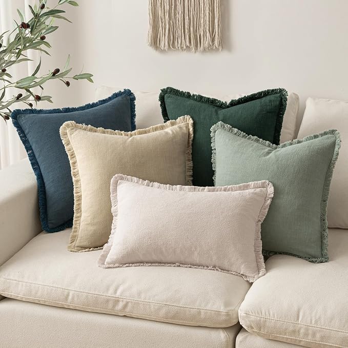MIULEE Linen Fringe Decorative Lumbar Throw Pillow Covers Navy Blue 12x20 | Set of 2, Cottagecore Decor, Boho Farmhouse Coastal Pillow Covers, Rustic Couch Cushion Cases for Sofa Bed Living Room