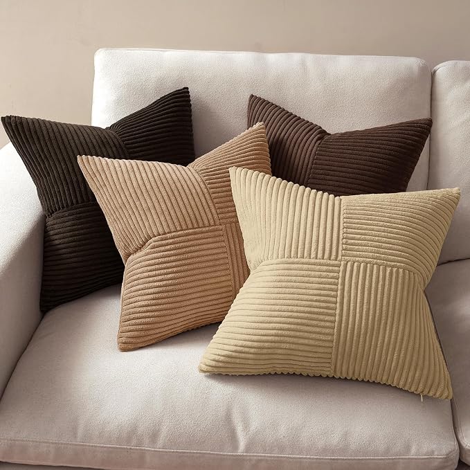 MIULEE Boho Decorative Throw Pillow Covers 18x18 Set of 4 Farmhouse Neutral Cushion Cases Gradient Corduroy Pillow Cases Modern Soft Corduroy Patchwork Home Decor for Couch Sofa Bedroom Dark Brown