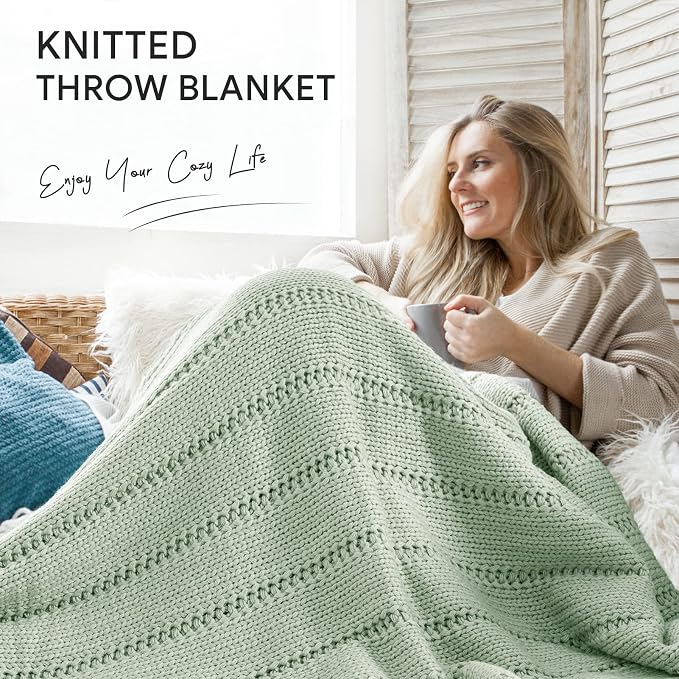 RECYCO Cable Knit Throw Blanket, Sage Green, 60"x80" | 3.6LB, Soft Lightweight Warmth Layer, Breathable All Season Use, Decorative Home Accent, for Couch, Bed, Sofa