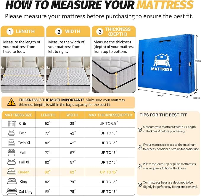 Mattress Bags for Moving, BETU Mattress Protector Water-Resistant Mattress Cover Queen Size Storage Bags with 8 Durable Handles and Zipper for Bed Extra Thick Large Reusable (82"x62"x15" Blue)