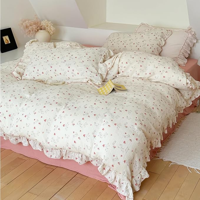 Rabbit Duvet Cover Full Bed Quilt Cover 79"x90" Soft Muslin Cotton Comforter Cover for Women Girls Elegant Ruffles Duvet Covers, All Seasons, No Pillow/Pillowcases