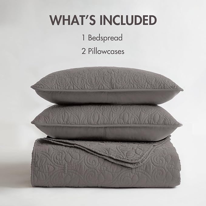 Madison Park Full Quilt Bedding Set, Cottage-Inspired Damask, 3PC | All Season Quilted Coverlet, Classic Stitch Pattern Bedspread & Shams, Ultra Soft Microfiber Bedspread Set, Dark Grey