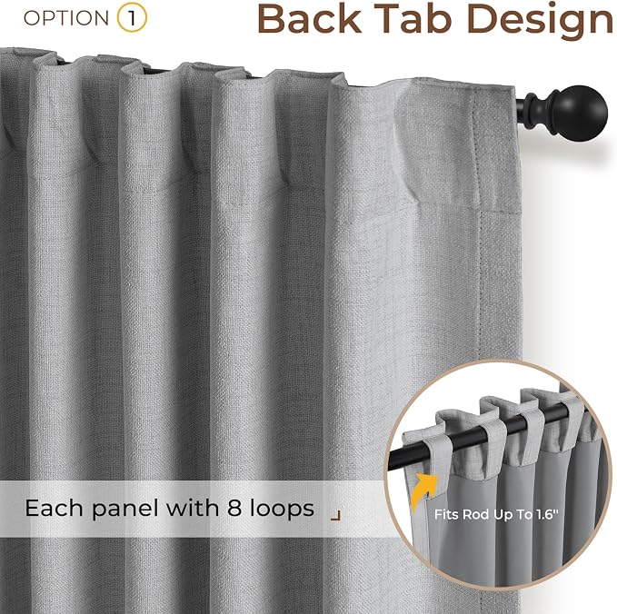 INOVADAY 100% Blackout Linen Curtains for Bedroom 50x63 Inches Grey | Linen Textured, Light Blocking, Room Darkening, Thermal Insulated, Back Tab Top, Window Curtains for Living Room, 2 Panels