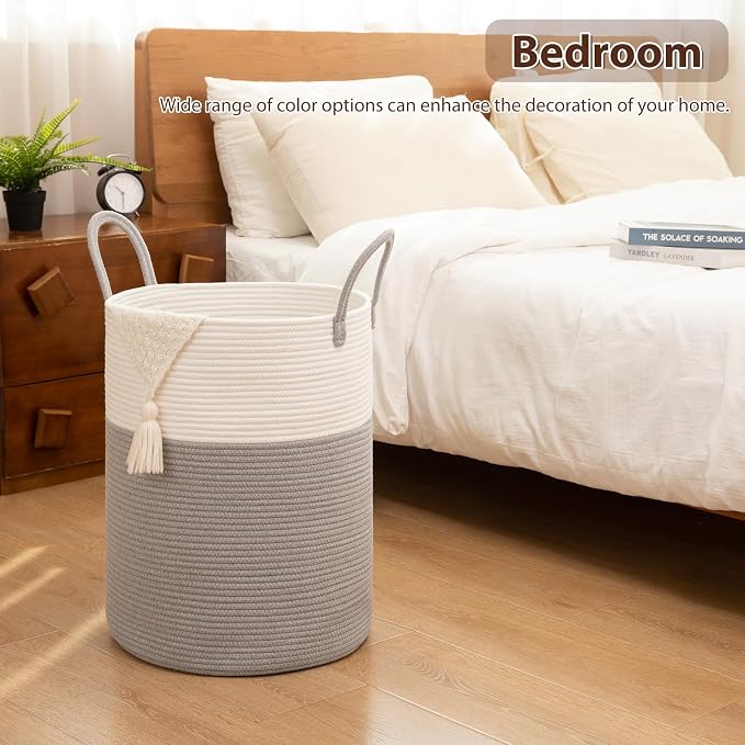 OIAHOMY 100L Nursery Hamper Laundry Basket Laundry Hamper Grey/White | collapsible Blanket Basket Cotton Rope Woven Basket Dirty Clothes Hamper Baby Hamper Tall Clothes Hamper with Handles