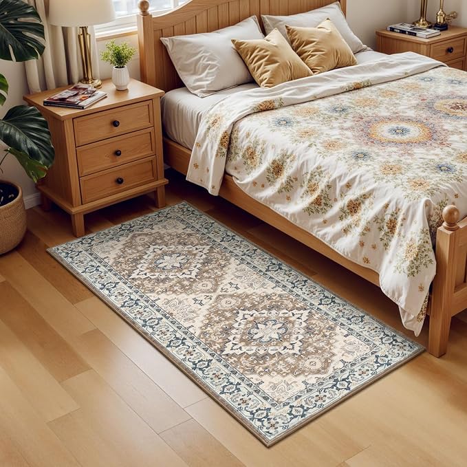 2x5 Runner Entryway Rug, Machine Washable Kitchen Rugs, Brown Beige | Faux Wool Low Pile Long Rug for Bedroom Hallway, Floral Medallion Boho Vintage Carpets with Non-Slip Rubber, Stain Resistant
