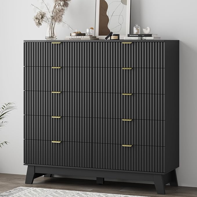 Xixini Fluted Dresser for Bedroom with 10 Drawers, 48" Wide Modern Chest of Drawers with Metal Handle, Wooden Dresser TV Stand, Wood Closet Clothes Storage Organizer for Living Room, Hallway, Black
