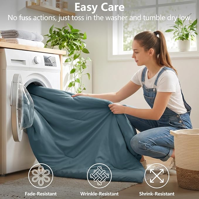 Queen Comforter Set Mineral Blue, 7 Pieces Bed in a Bag | OEKO-TEX Certified, All-Season, Bedroom, 240GSM Down Alternative Comforter, Flat & Fitted Sheets, 2 Pillowcases & 2 Shams