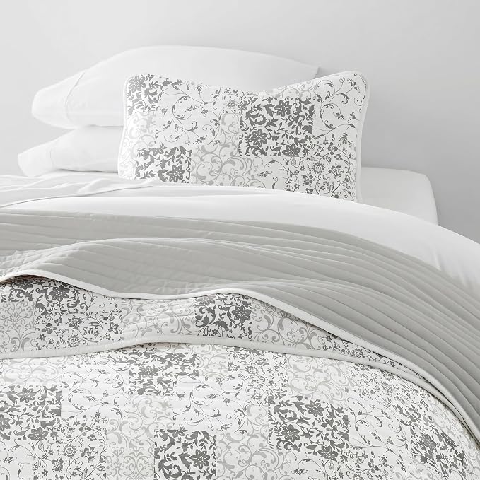 Merit Linens Soft Quilt Coverlet Bedding Set - Pattern/Solid Reversible - Twin/TwinXL Light Gray