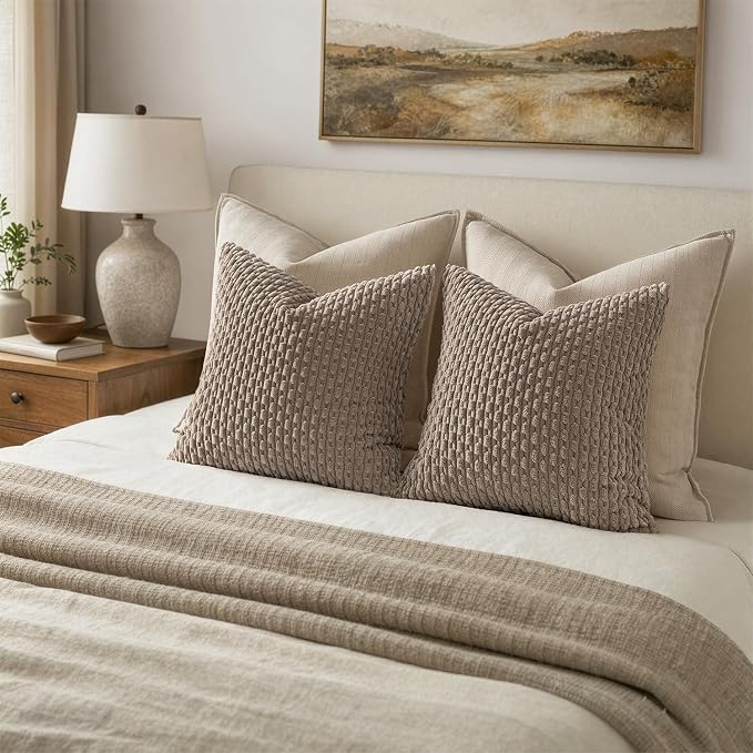 MIULEE Decorative Throw Pillow Covers 18x18 Neutral Brown Textured Corduroy | Pack of 2 Striped Pillow Covers Modern Farmhouse Fall Home Decor for Couch Bed Sofa Living Room