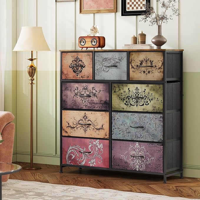 WLIVE Tall Dresser for Bedroom, 9 Drawer Chest of Drawers, Pattern | 9 roomy fabric drawers, Tall storage design, Bedroom or closet use, Sturdy steel frame, Smooth wood tabletop