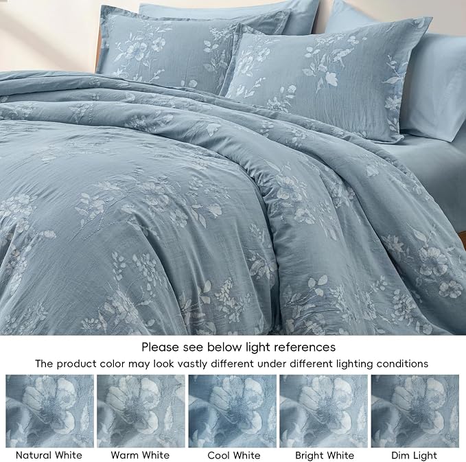 PHF Stone-Washed 100% Cotton Duvet Cover King Size, 104"x90", Stormy Blue | Elegant Floral Jacquard Woven, Ultra Soft Breathable All Season Bedding Set for Adults, 3pcs with 2 Pillow Shams, No Filling