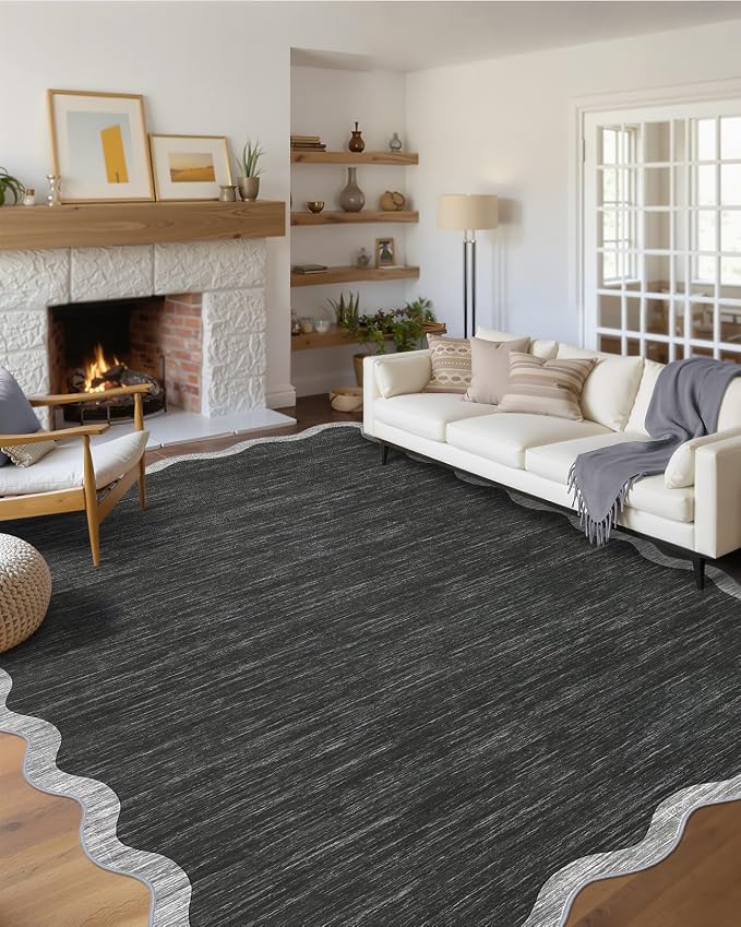 GarveeHome Scalloped Washable Area Rug 8x10 Rug for Living Room Non Slip | Modern Throw Rugs Large Rugs for Bedroom Low Pile Non Shedding Stain Resistant Carpet for Dining Room 8 ft x10 ft Black