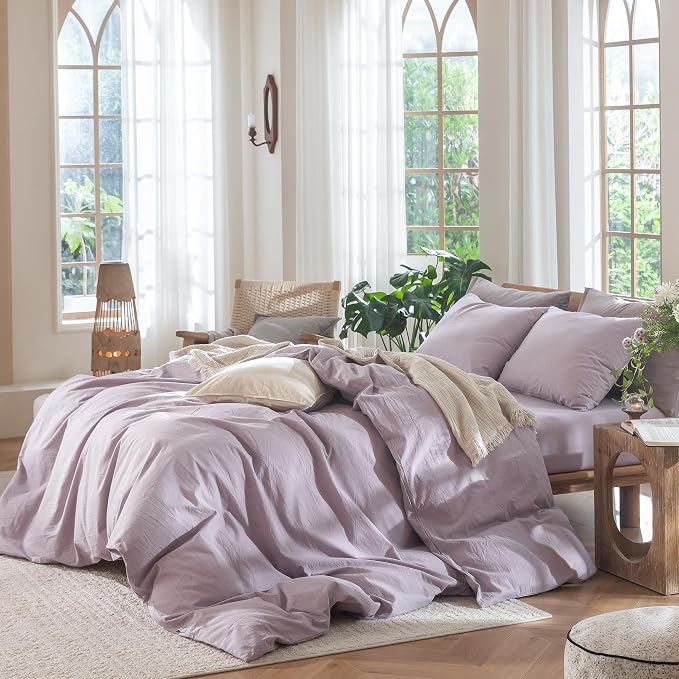 MooMee Duvet Cover Set 100% Washed Cotton Linen Like Queen | Relaxed Linen-like Texture. Soft, Breathable & Long-lasting Comfort. Lightweight. Hidden Zipper with 8 Interior Corner Ties