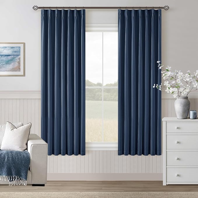 Navy Blue 100% Blackout Pinch Pleated Linen 63 Inch Curtains with Liner | Memory Trained, Thermal Insulated, Heat Blocking, Black Out Curtains for Small Window Dining Room Bedroom 2 Panels W40xL63