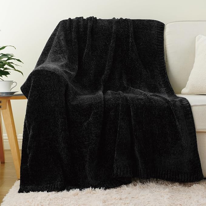 Black Throw Blanket for Couch, Soft Woven Chenille Throw Blanket 51"x67" | Shiny Chenille Blanket, Cozy Cable Knit Throw Blanket for Bed Sofa Home Decor