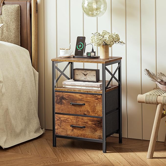 Huuger Nightstand Set of 2 with Charging Station, USB-C Port, End Tables | Night Stand with 2 Drawer Side Table with Open Shelf, Bedside Table for Small Spaces, X Shaped Side Rail, Rustic Brown