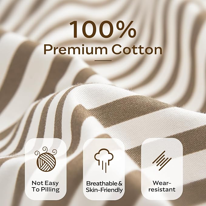 JELLYMONI 100% Cotton Classic Striped King Duvet Cover Set, Tan/White | Breathable Softness, Oeko-Tex Certified, Classic Stripes, 8 Corner Ties & Double Hidden Zipper