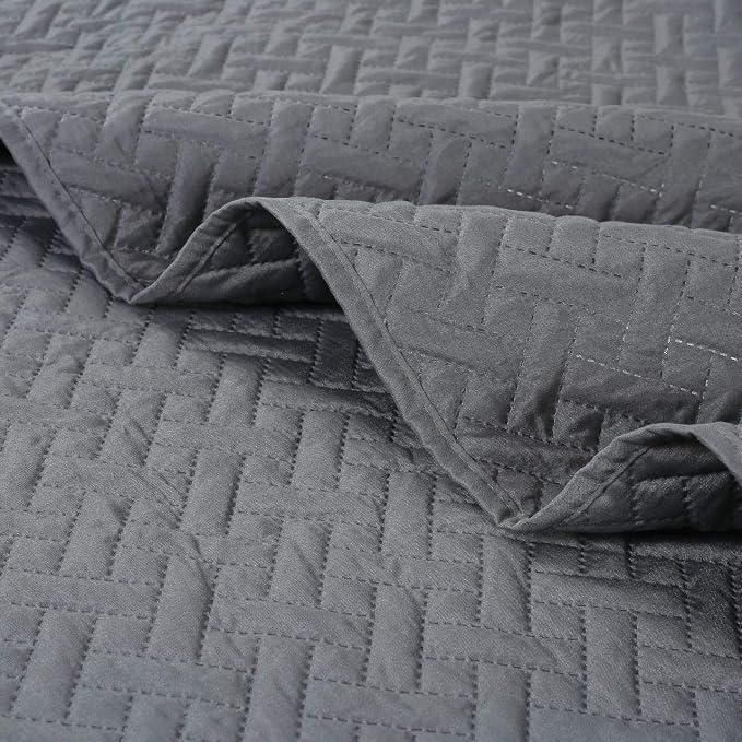 Legacy Decor 3 PCS Squared Stitched Pinsonic Reversible All Season Bedspread Quilt Coverlet Oversized, Queen Size, Grey Color
