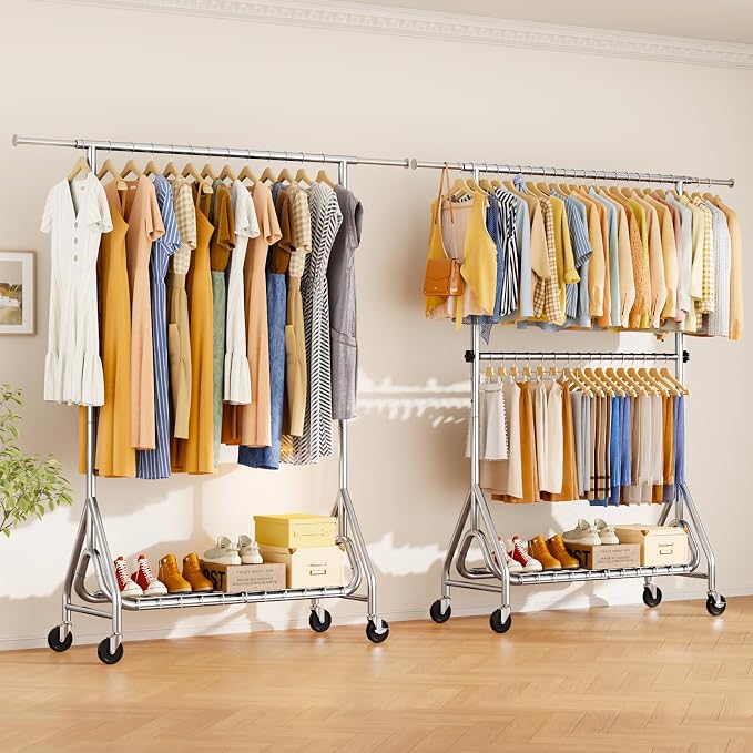 Heavy Duty Clothes Rack for Hanging Clothes, Double Rods Clothing Rack with Lockable Wheels, Rolling Garment Racks with Shelf, Easy to Assemble, Silver