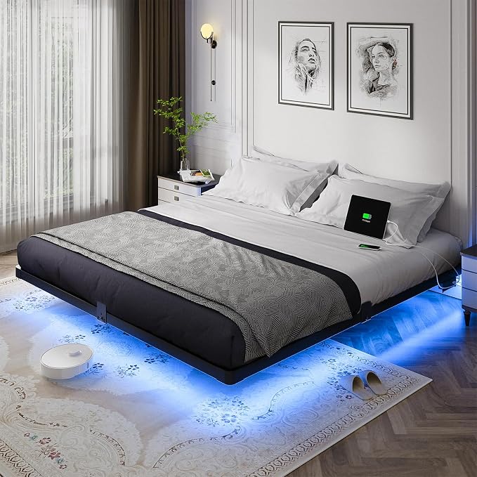 OLEVS King Size Floating Bed Frame Metal with LED Light & Charging Station | King Metal Platform Bed Frame Floating with Smart LED, Charging Station, No Box Spring Needed, Noise-Free, Easy Assembly