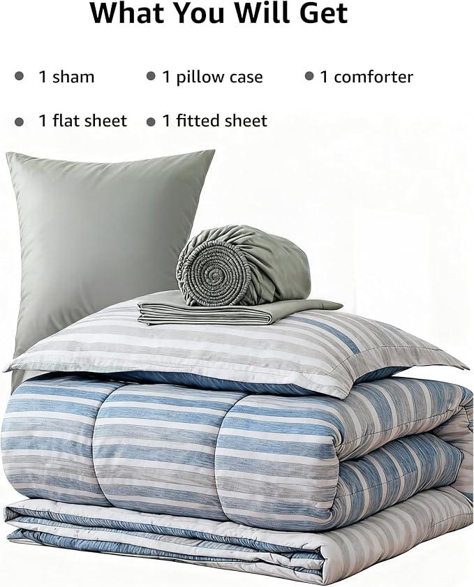 Monbix Twin XL Comforter Set-5 Piece Striped Bed in a Bag Twin Bedding Sets | All Season Royal Blue Reversible Soft Comforter with Sheets, Pillowcases & Shams, College Dorm Essentials