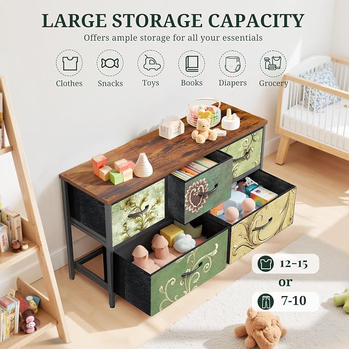 5-Drawer Dresser for Bedroom, Anti-Tip Wide Storage Organizer Fabric | Chest of Drawers TV Stand for 45" TV with Wooden Top Metal Frame for Closet, Living Room, Hallway, Entryway, Floral Painted