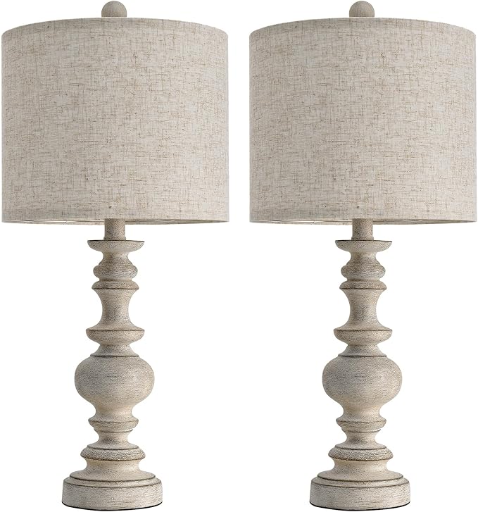 BOBOMOMO 24" Farmhouse Retro Table Lamp Set of 2, Traditional Resin Lamps for Living Room Bedroom, Vintage Bedroom Lamps with Linen Shades, Rustic Table Lamps for Living Room, Nursery, Office
