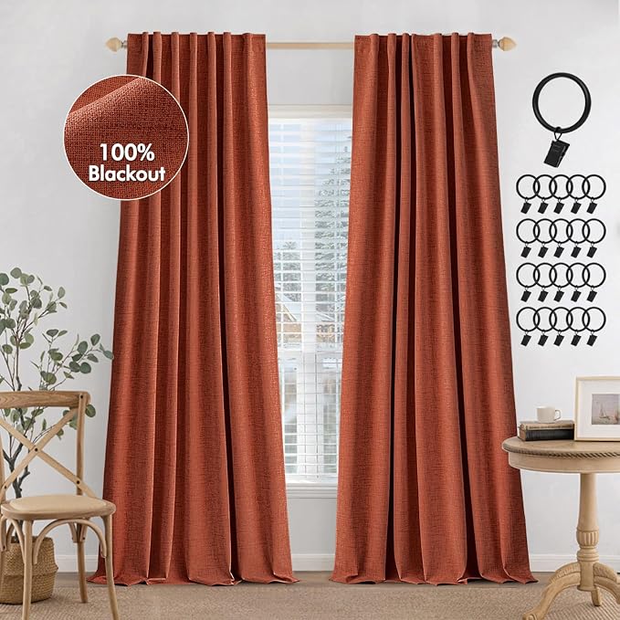 MIULEE 100% Blackout Fall Linen Curtains & Drapes W52 x L96 Inch Terracotta | 2 Panels, Full Black Out, Thermal Insulated, Room Darkening Window Curtains for Bedroom Living Room , Back Tab & Rod Pocket