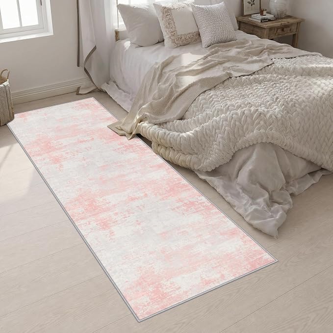 3x10 Washable Runner Rug：Modern Abstract Soft Carpet Pink White | For Hallway, Bedroom, Kitchen, Laundry, Bathroom,Door Mat,Modern Abstract,Machine washable,Non-Slip,Stain Resistant,Indoor