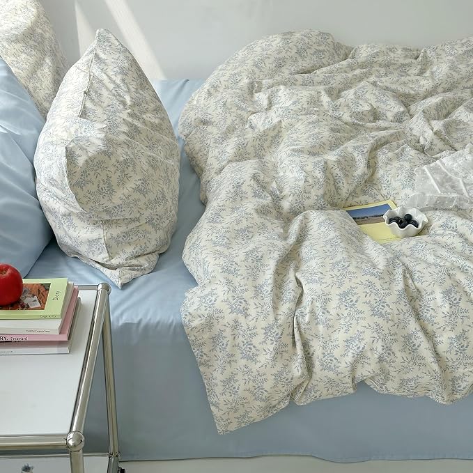 mixinni Blue Floral Duvet Cover King Size - 100% Cotton Soft Boho Comforter Cover with Zipper Closure 4 Ties, 3-Piece Vintage Aesthetic Botanical Bedding Set with 2 Pillowcases, All Season Bed Set