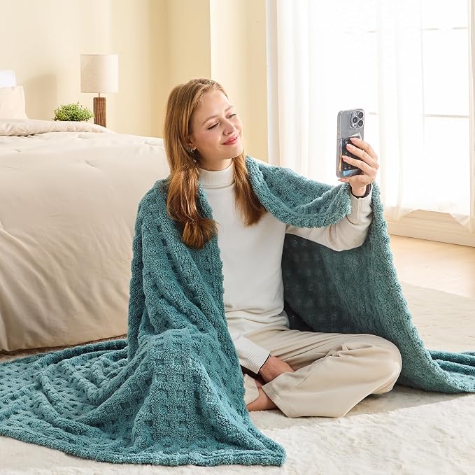 NEWCOSPLAY 3D Waffle Checkered Flannel Queen Blanket, Light Teal, 90"x90" | Super Soft Cute Lightweight Decorative Premium Silky Fleece Blanket for Couch Sofa Bed, Gift for Women Men, All Season Use